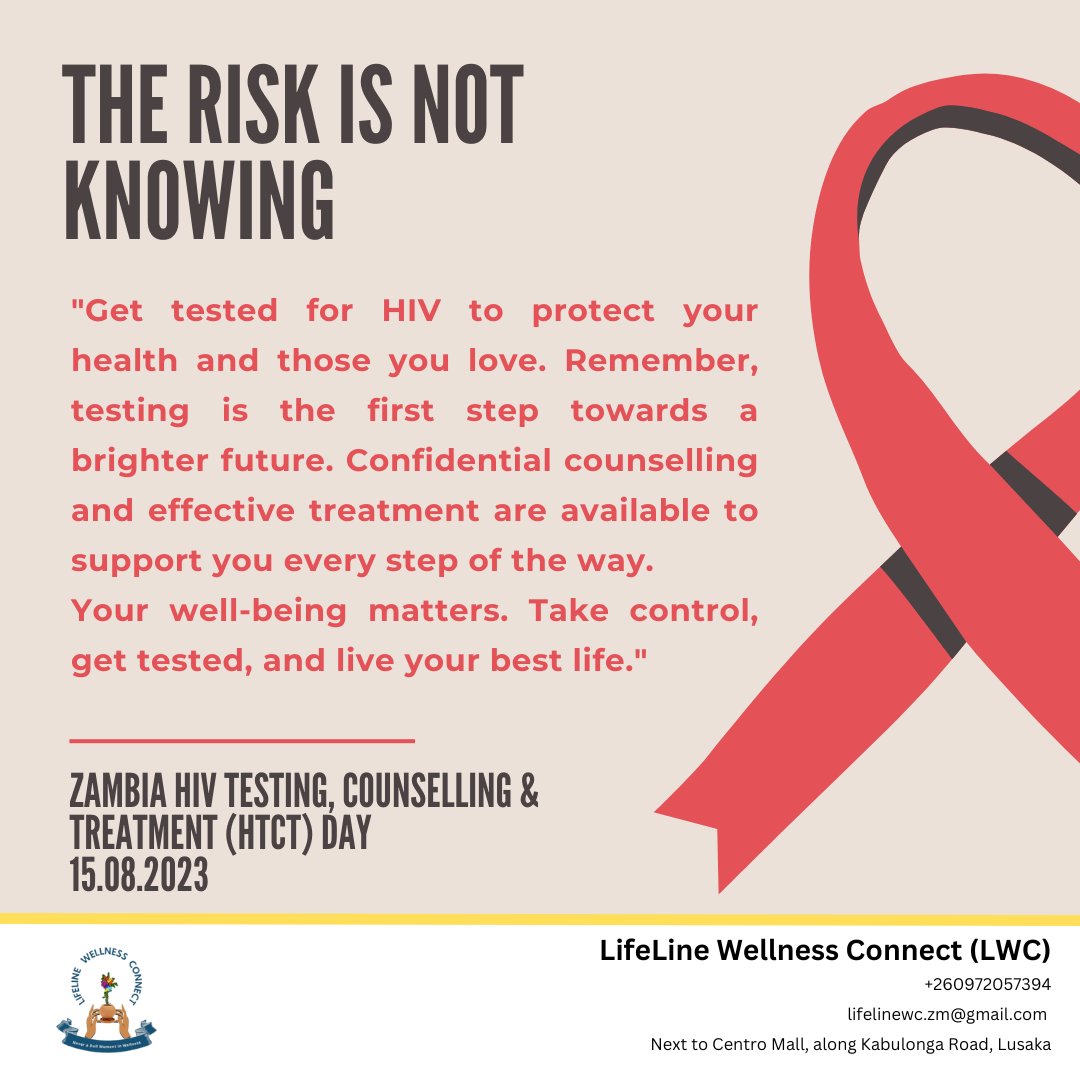 📌HIV TESTING, COUNSELLING AND TREATMENT (HTCT) DAY 2023

Empower yourself with knowledge and care. Get tested for HIV to protect your health and those you love.

#HTCT2023 #HIVCounseling #HIVTESTING #HIVTreatment #Zambia #LetsTalk #LetsConnect #FollowOurPage #LikeOurPage #fyp