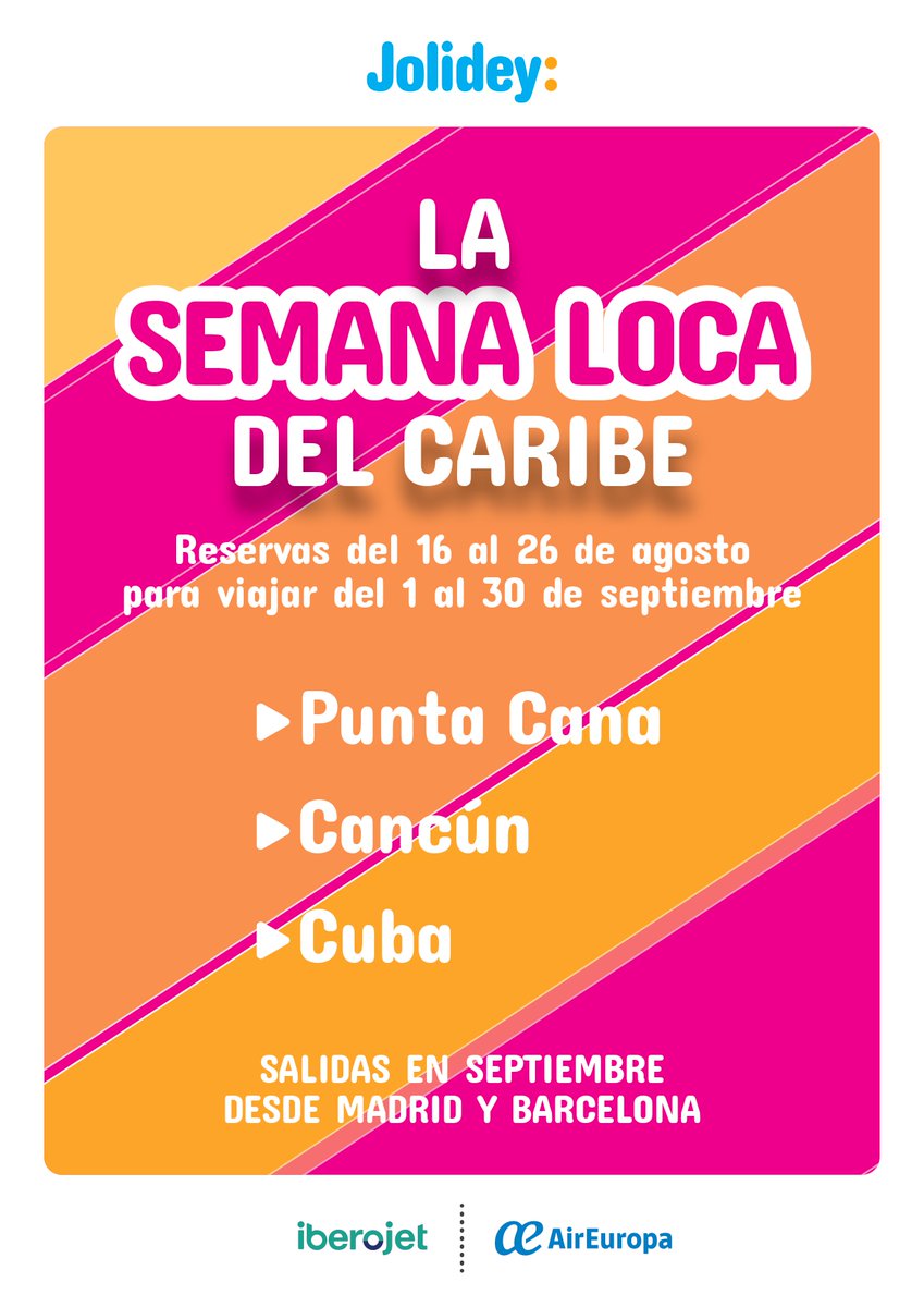 Llega la #semanadelCaribe del 16 al 26 Agosto de la mano de nuestro partner <a href="/Jolidey/">Jolidey</a>. Vuela con <a href="/iberojetair_es/">Iberojet</a> y <a href="/AirEuropa/">Air Europa</a> hasta tus vacaciones soñadas... Échale un vistazo al post y no te quedes sin plaza! 🌴👙🍹