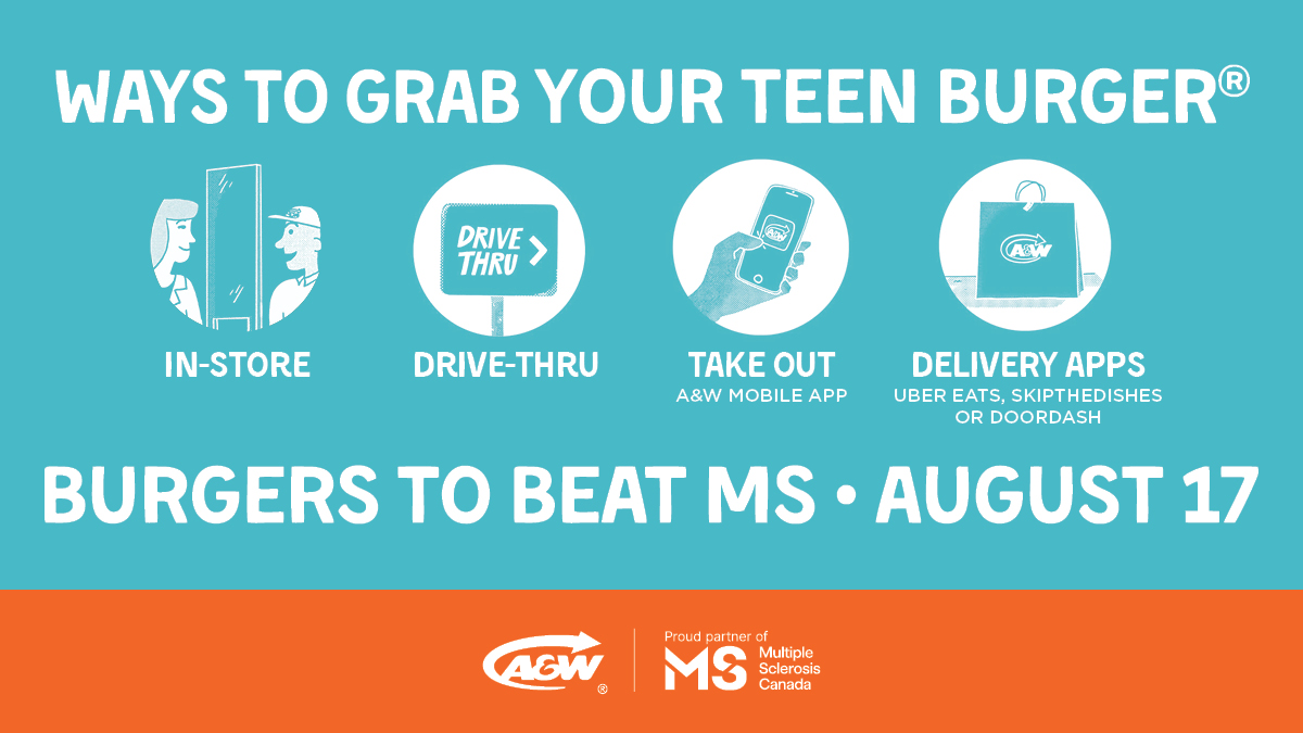 MSCanOfficial's tweet photo. #BurgersToBeatMS Day is just around the corner! 🍔 Don’t have time to visit your local @awcanada on August 17? No problem! There are several ways to grab your Teen Burger® in support of Canadians affected by #MS 👇 

#MultipleSclerosis https://t.co/gLn4BYHzua