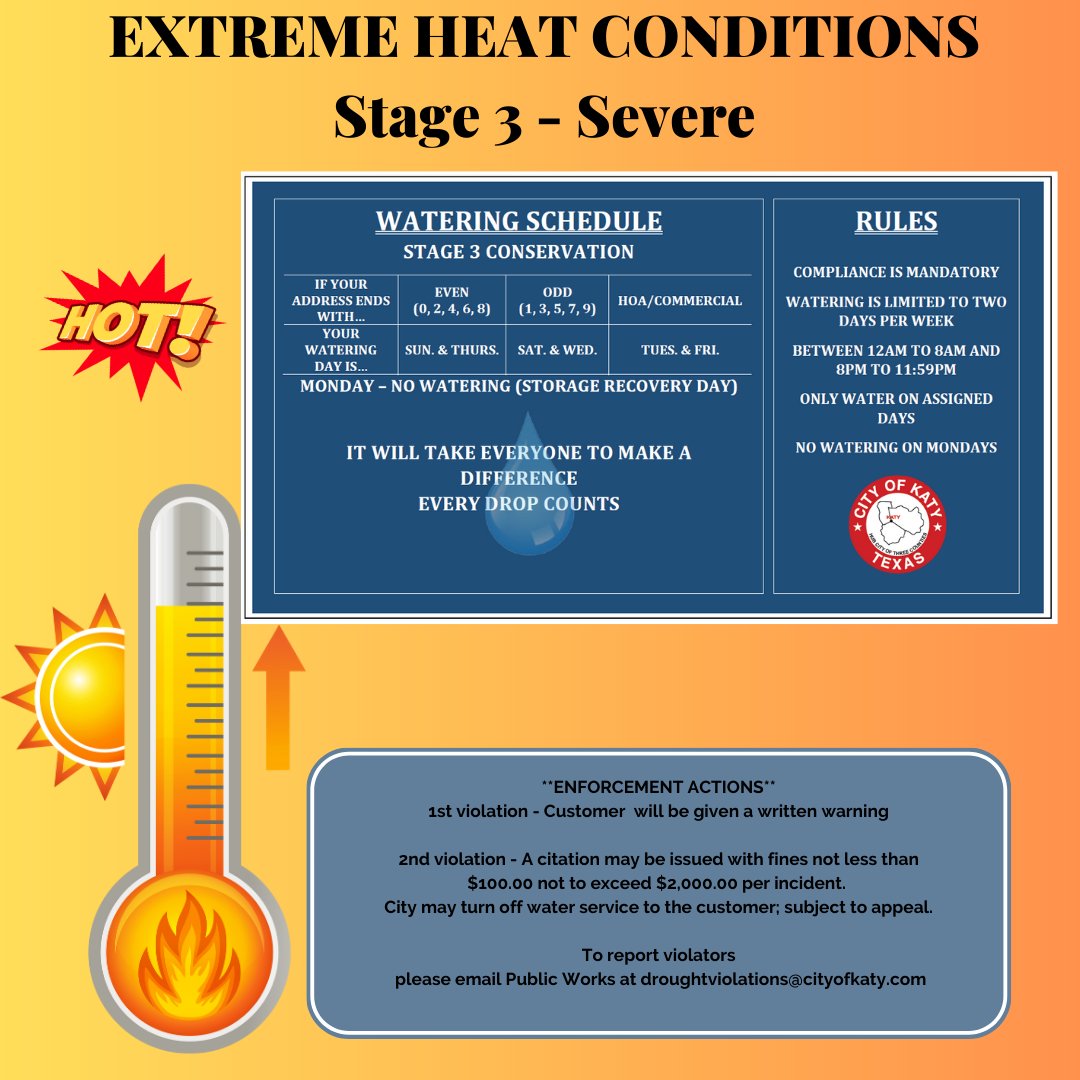 cityofkaty's tweet photo. Stage 3 (severe) drought conditions and mandatory water use restrictions now in effect based on the City’s Drought Contingency Plan.  

Read the Recommendation Letter &amp; Press Release from the Mayor's Office at https://t.co/J2KQJ9splj. https://t.co/jv8jud7LBM