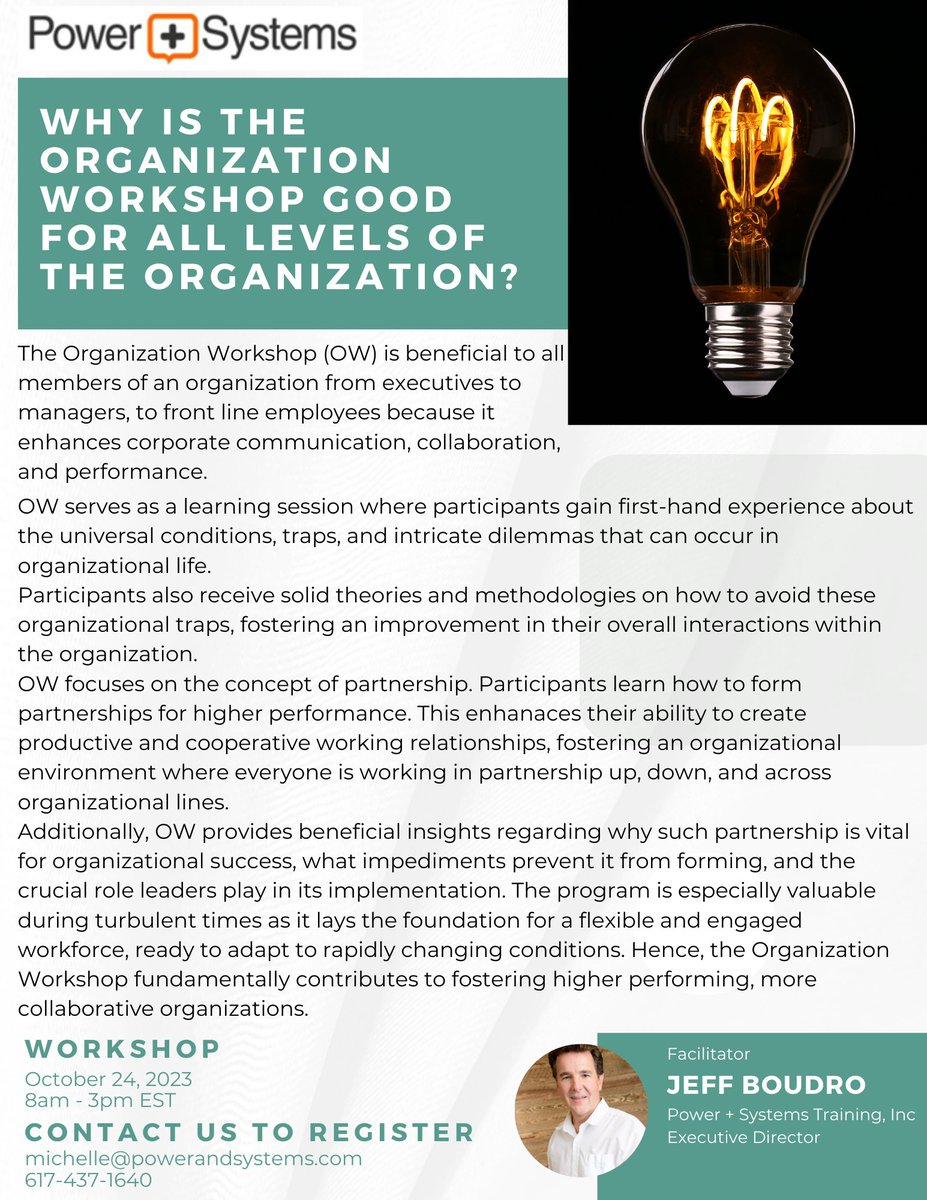 PowerandSystem1's tweet image. Join us October 24, 2023 for The Organization Workshop. This workshop will be delivered Live Online and is open to the public. Don&apos;t miss your chance to experience the OW! Register in Eventbrite: lnkd.in/ewj_MJ_n
#TheOrganizationWorkshop #BarryOshry #Partnership