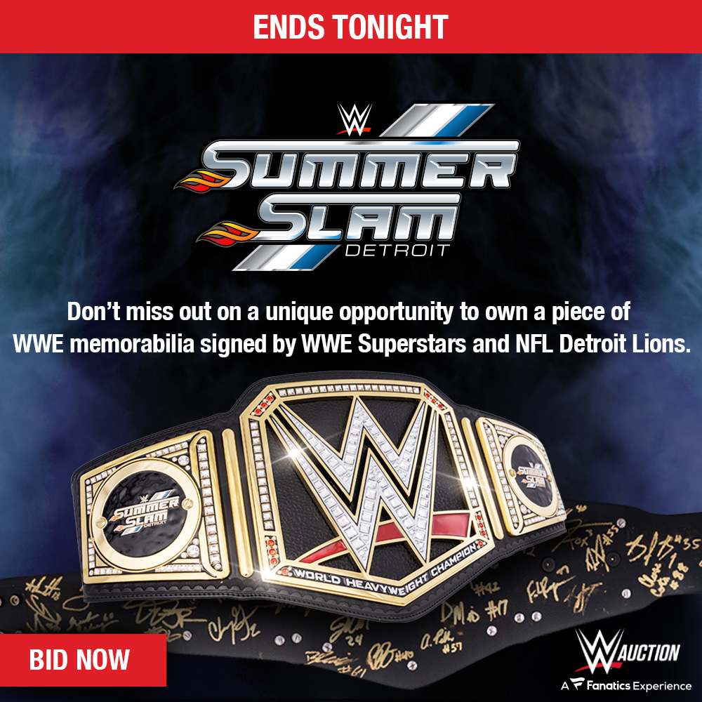 WWE SummerSlam (@summerslam) on Twitter photo Today is the LAST CHANCE to bid on this <a href="/WWE/">WWE</a> Championship Replica Title signed by <a href="/WWERomanReigns/">Roman Reigns</a> and Detroit <a href="/Lions/">Detroit Lions</a> players! All proceeds benefit <a href="/TheVFoundation/">The V Foundation for Cancer Research</a> and Connor's Cure! Bid now at ms.spr.ly/60189zyQo Today is the LAST CHANCE to bid on this <a href="/WWE/">WWE</a> Championship Replica Title signed by <a href="/WWERomanReigns/">Roman Reigns</a> and Detroit <a href="/Lions/">Detroit Lions</a> players! All proceeds benefit <a href="/TheVFoundation/">The V Foundation for Cancer Research</a> and Connor's Cure! Bid now at ms.spr.ly/60189zyQo
