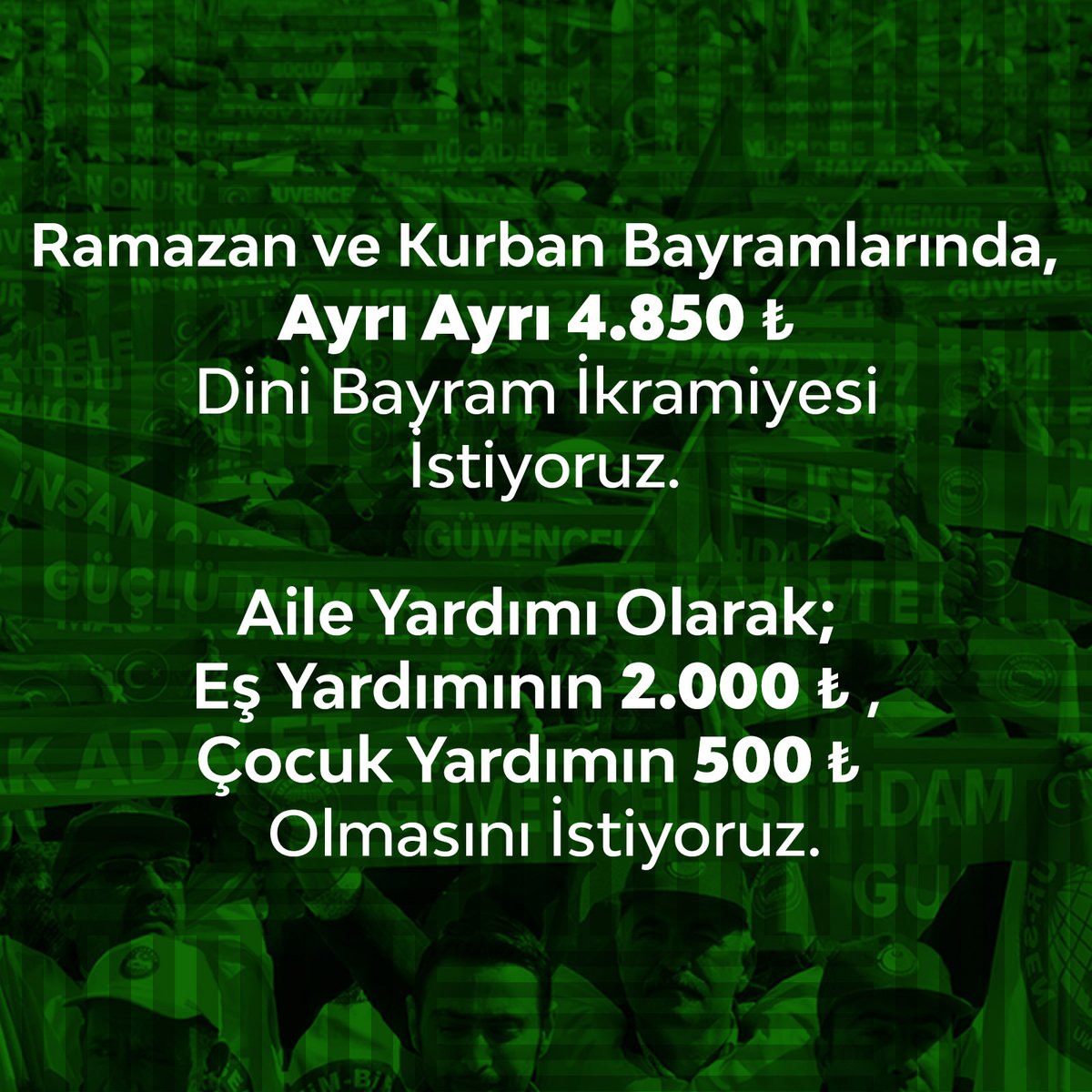 Ramazan ve Kurban Bayramlarında Dini Bayram İkramiyesi İstiyoruz 4.850 ₺ Dini Bayram İkramiyesi istiyoruz. ▪️ Eş Yardımın 2.000 ₺ ▪️ Çocuk Yardımının 500 ₺ olmasını istiyoruz. #MemurGerçekçiTeklifİstiyor