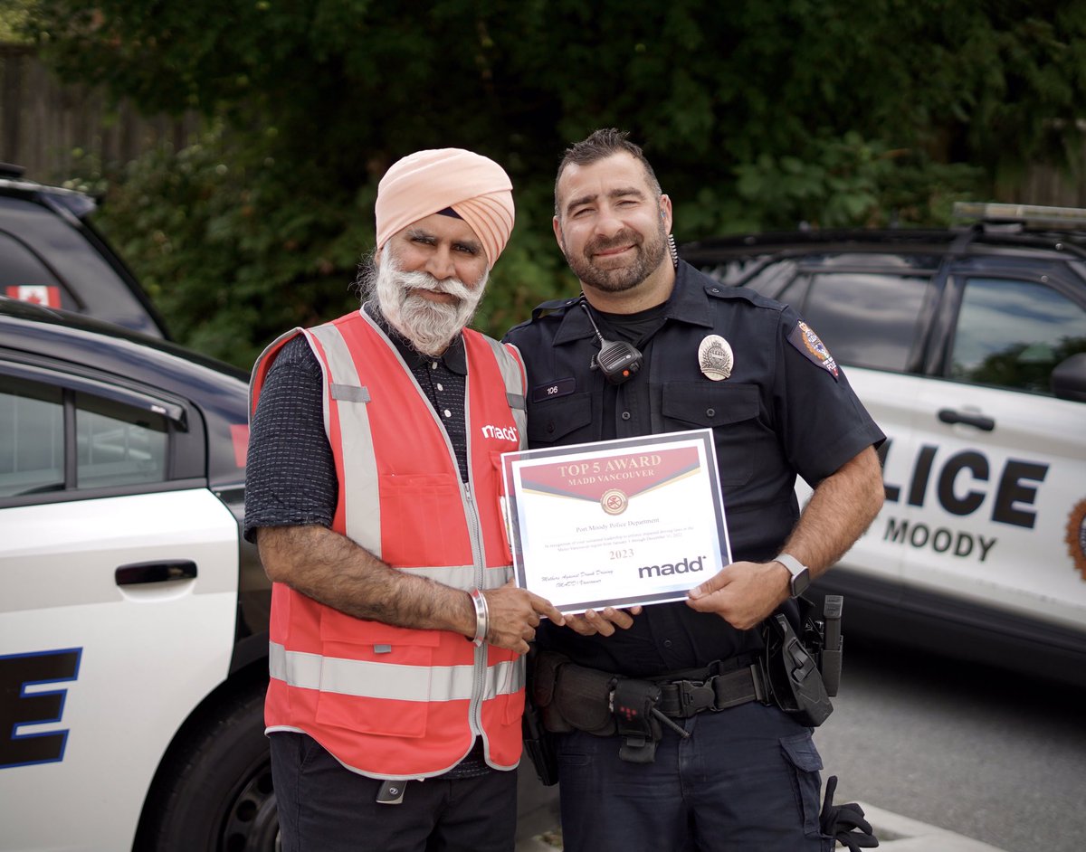 PortMoodyPD's tweet photo. Port Moody PD is the proud recipient of the “Top 5 Award” presented by @MADDVancouver! This award acknowledges the the top 5 #metrovancouver police agencies who conducted the most impaired driving enforcement last year! https://t.co/zRI5NmG0kJ