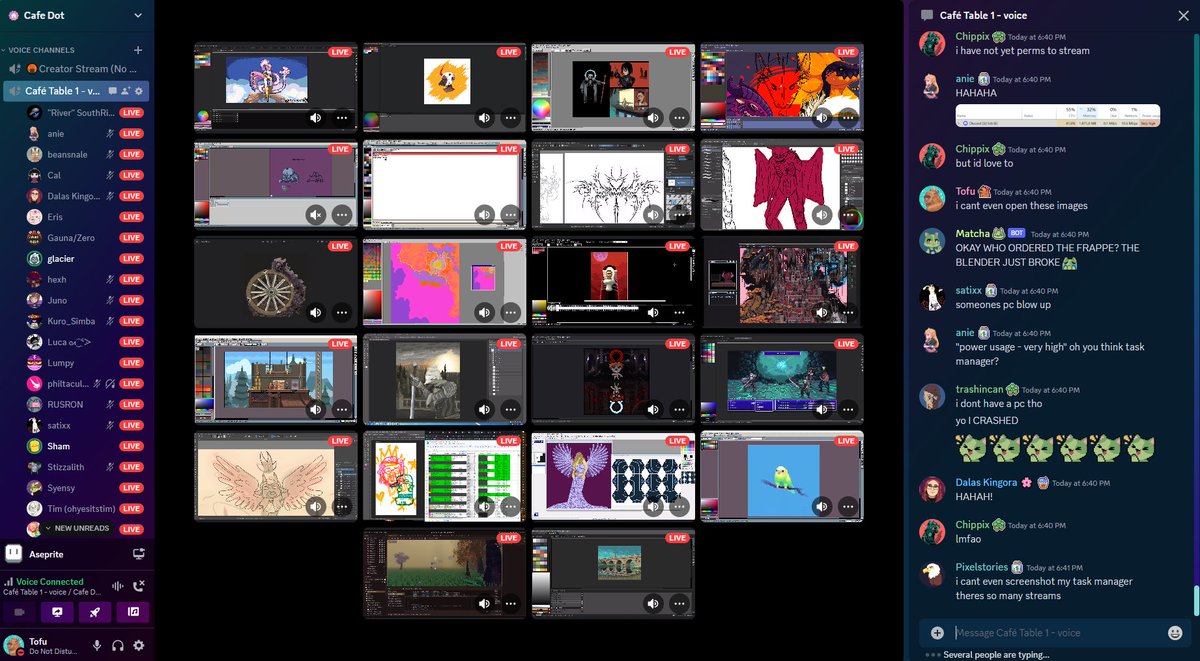 Like watching artist streams? 🍵

Cafe Dot has a bunch of active creators streaming in vc format! 💚

Don't wanna talk? We have many muted vc channels for explicit mic-less chats! 🔇