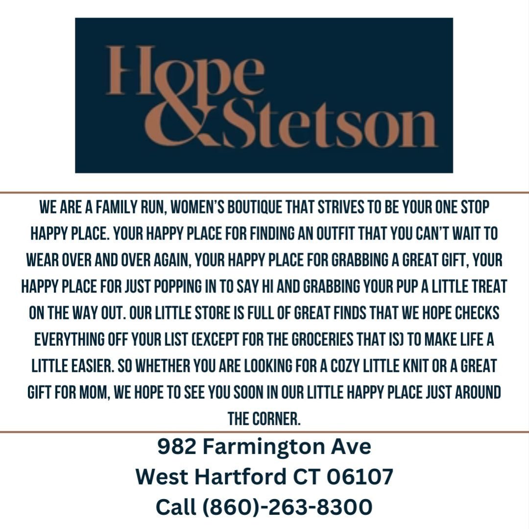 LewisEstate's tweet photo. Lewis Business Center introduces Hope and Stetson. If you're looking for clothes, Hope and Stetson has some great options. Come stop by at 982 Farmington Ave, West Hartford, CT. https://t.co/J4ONxHgnen