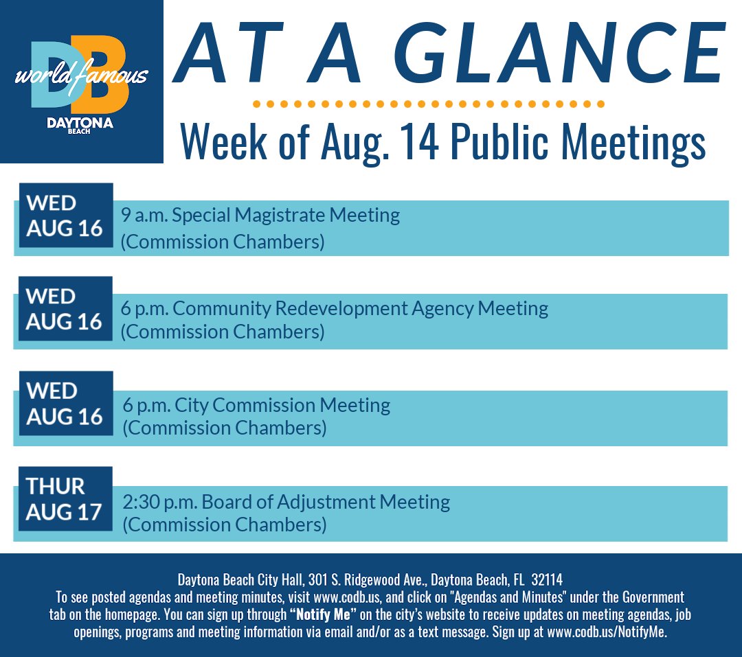 CityDaytona's tweet photo. Here are the public meetings happening this week in the City of Daytona Beach. For meeting agendas, visit https://t.co/lgEDEPfqyX. #CityDaytonaBeach #DaytonaBeach #DBAccelerate https://t.co/g7FLdYYehx