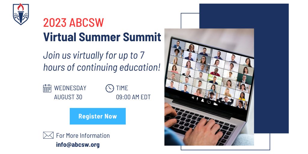 _abcsw's tweet image. Have you registered for our August 30 Virtual Summer Summit for up to 7 hours of continuing education? Register now! tinyurl.com/virtualsummers…

#socialwork #socialworker #socialworkers #support #community #motivation #education #change #nonprofit #volunteer #community #counseling
