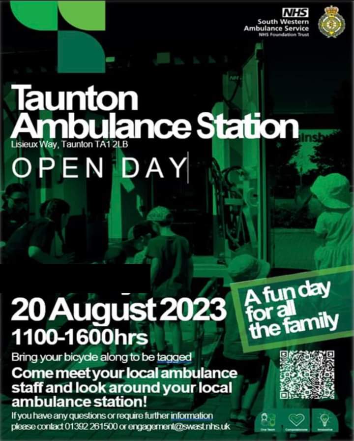 This Sunday, the 20th, come along to Taunton Ambulance Stn and meet the team, lots of fun &amp; FREE for all the family. See how your Ambulance team cares for you @tdlibdems <a href="/Taunton_TC/">Taunton Town Council</a> <a href="/TauntonsToneFM/">ToneFM</a> <a href="/TauntonChamber/">Taunton Chamber</a> <a href="/VisitSomerset/">Visit Somerset</a> <a href="/SomersetCouncil/">Somerset Council</a> <a href="/GideonJAmos/">Gideon Amos OBE MP</a> <a href="/JohnHuntTaunton/">John Hunt 🇺🇦</a>