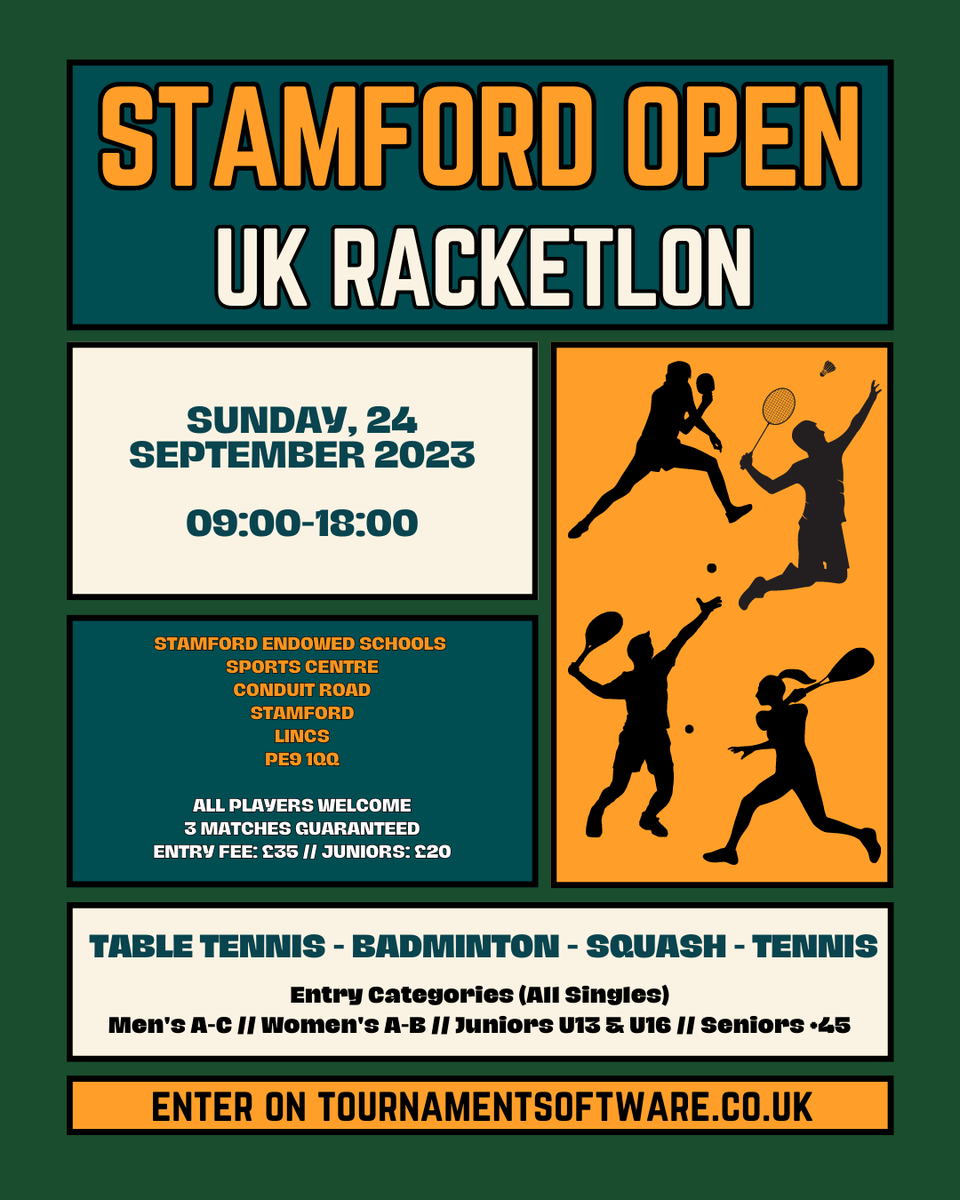 Player entry for the Stamford Open on Sunday, 24 September 2023 is now OPEN 😍

We're delighted to see the Stamford Open return to the UK Racketlon Tour and we hope to see you there! 👊

Enter the tournament 👇
tournamentsoftware.com/tournament/126…