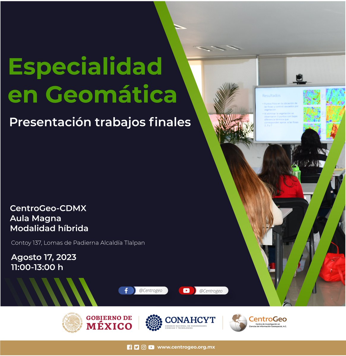 CentroGeo_'s tweet photo. Falta poco para conocer las presentaciones de nuestros alumnos de la Especialidad en Geomática, acompáñanos para conocer sus proyectos finales.
Presencial en CentroGeo CDMX y virtual en nuestras redes.
¡Te esperamos!
Jueves 17, 11:00 horas https://t.co/9qj8oueKYX