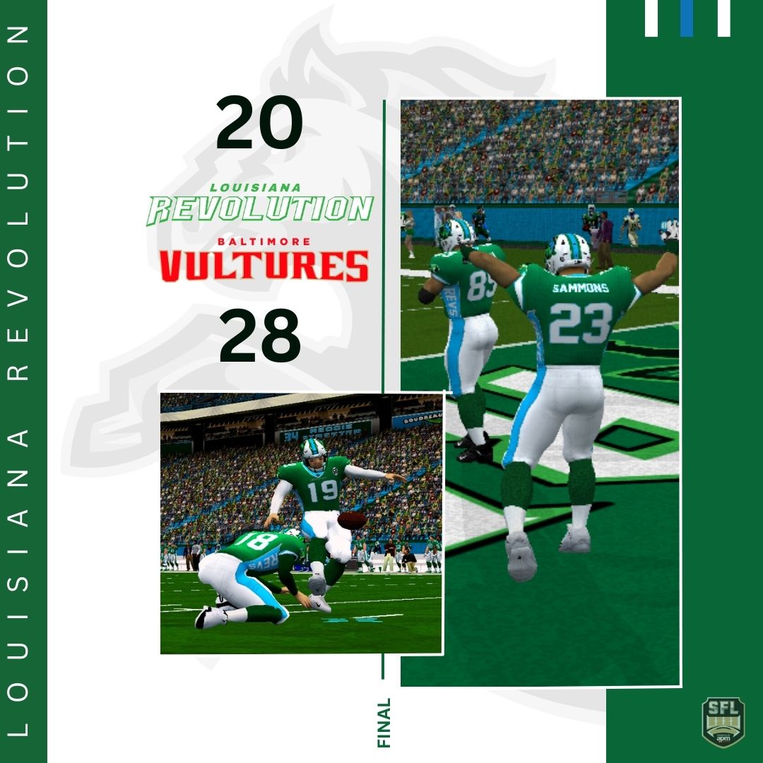 🏈RESULT🏈

It wasn't to be for the resilient Revs on Sunday night as they fell to a narrow defeat at the hands (or wings) of the <a href="/SFL_Vultures/">baltimore vultures</a> . Thanks to the Vultures for a great, back-and-forth game that went down to the wire.

A couple of yards...
<a href="/simulationfl/">Simulation Football League</a> #RevUp