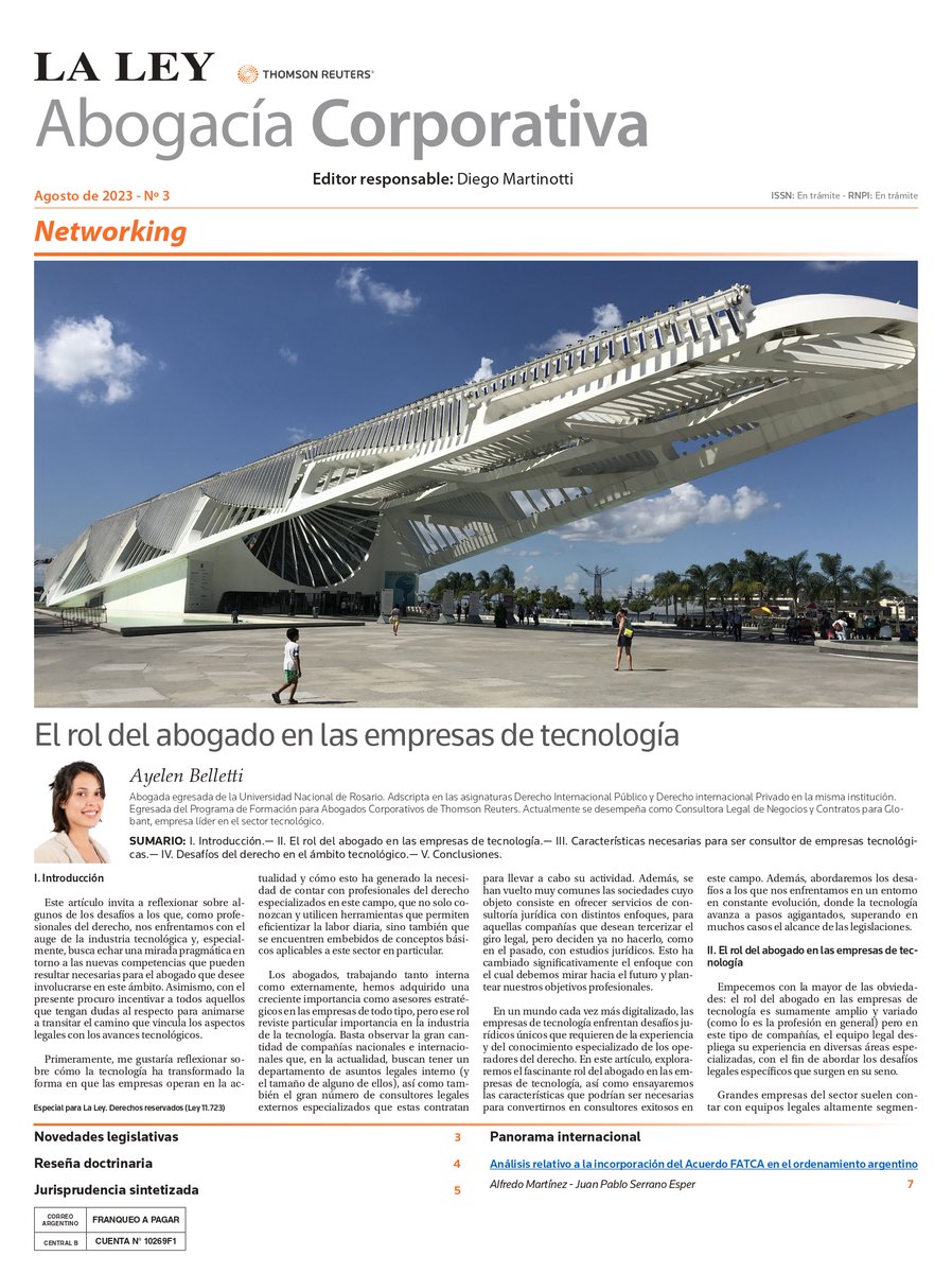 📣Suplemento #AbogaciaCorporativa: Junto con el #DiarioLaLey de hoy encuentran el suplemento con la colaboración de Ayelen Belletti, Alfredo Martínez y Juan Pablo Serrano Esper <a href="/jpserranoesper/">Juan Pablo Serrano Esper</a>