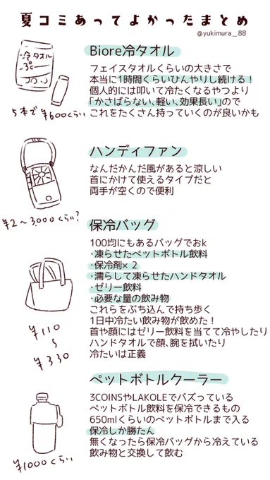 夏コミ初参加で何も分からないながら 暑さ対策したまとめ  1日目サークル参加、2日目一般参加(アーリー入場) なんとか生き延びました もうちょっと厳重でもよかったかもしれない  暑かったけどとても楽しかった〜 お疲れ様でした  #C102