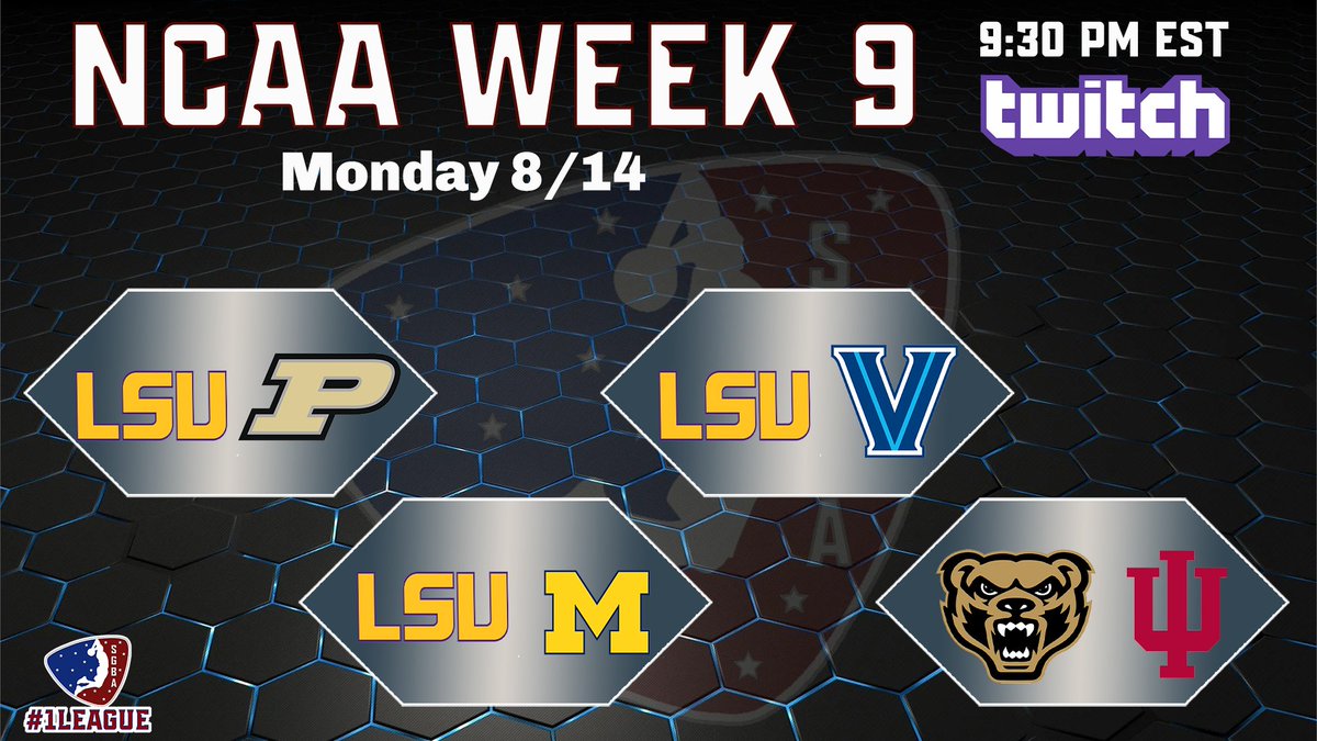 We have Week 9 action tonight on TWITCH at 930pm est.  LSU v Purdue, LSU v Villanova, LSU v Michigan &amp; Oakland v Indiana.  Swing by, drop a like and comment and show support for the SGBA. <a href="/iNetworkSports/">iNetwork</a> <a href="/TGA_Media/">TGA</a> <a href="/SupportingStre3/">Network GG</a> <a href="/MiMi_Iink/">MiMi ®</a> <a href="/CaveaIO/">CAVEA</a>  twitch.tv/sgba2kleague