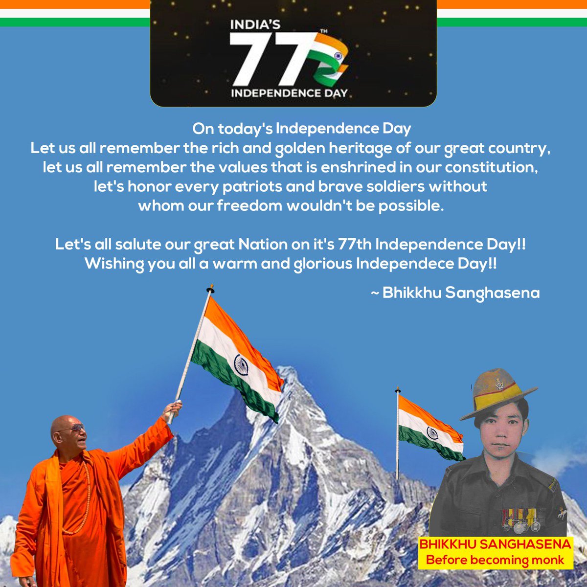 sanghasenamimc's tweet photo. Let's all salute our great Nation on it's #77thIndependence Day!!
Wishing you all a warm and glorious Independece Day!!
~ Bhikkhu Sanghasena
#independenceday2023 https://t.co/AJ0lM7biRT