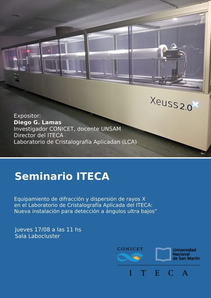 Diego G. Lamas (@diegolamas1) on Twitter photo Lxs invito este jueves 17/8 a las 11 AM a la charla que voy a dar en la sala de reuniones del Edificio Labocluster de UNSAM sobre las posibilidades que abre la nueva configuración de 10 metros de largo del equipo de dispersión de rayos X a bajo ángulo (SAXS) del <a href="/difusion_LCA/">Laboratorio de Cristalografia Aplicada</a>!! Lxs invito este jueves 17/8 a las 11 AM a la charla que voy a dar en la sala de reuniones del Edificio Labocluster de UNSAM sobre las posibilidades que abre la nueva configuración de 10 metros de largo del equipo de dispersión de rayos X a bajo ángulo (SAXS) del <a href="/difusion_LCA/">Laboratorio de Cristalografia Aplicada</a>!!