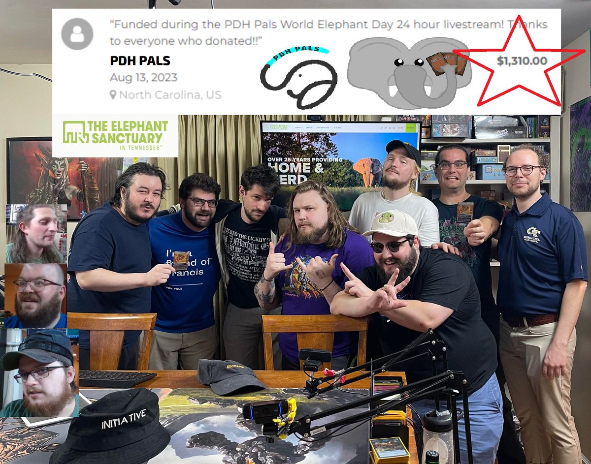 PDHPals's tweet photo. The PDH Pals have raised an astonishing $1310 for the Elephant Sanctuary of Tennessee during our 24hour stream on WORLD ELEPHANT DAY. All thanks to the absolute best community in Magic. PDH rocks and you guys are the best. PALS NATION https://t.co/i1CZXR5Wx4