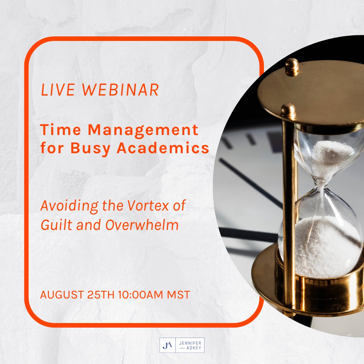 jaskey's tweet photo. Learn the strategies and roadmap for managing your time so that you can avoid the vortex of guilt and overwhelm in my upcoming live webinar: Time Management for Busy Academics: Avoiding the Vortex of Guilt and Overwhelm on August 25th at 10:00am MST.

https://t.co/mcuL66Ub4g https://t.co/mBR3AAuYZt