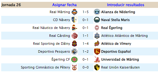 <a href="/AdeuPoma/">Adeu Ferran</a> <a href="/Coronel_Blimp/">Sargento Warden</a> <a href="/AvalonCFLeiken/">Âvalon de Lêiken</a> <a href="/JChaozen/">J. Chao</a> <a href="/CAIKaiserlauten/">Club Atlético Iberia de Kaiserlâuten</a> <a href="/Eleder_/">Eleder/_\</a> <a href="/ruestern_/">Paula</a> <a href="/carlosalpunto/">Carlosalpunto 🐶</a> <a href="/dronte/">Javier Jiménez</a> <a href="/ErramunSebal/">Jon Erramun Sebal</a> <a href="/Fer_S_B/">Fernando Suárez🇪🇦🇺🇦🇮🇱</a> @SIO_FC <a href="/TECTONIAFOOTBA1/">TECTONIA</a> <a href="/DAiros_14/">Dairos</a> <a href="/SRSantAngelo1/">SRSantAngelo</a> <a href="/bipancho/">Francisco Sánchez Tortosa 🇮🇱</a> <a href="/cacaueses/">Ave</a> <a href="/scudettocalcio2/">El Scudetto</a> <a href="/Istel_/">Istel</a> @Oskartxuprz <a href="/Bastian15347977/">Bastian_El_Sigiloso_de_Saitaka</a> <a href="/xtaoth/">Juan T.</a> @Dragudorna <a href="/_alarq/">nadie</a> <a href="/GouldCity/">G . O . U . L . D ®</a> <a href="/CotinusaCorp/">Cotinusa Corp.</a> Así quedó el resumen de la jornada 26, ¡ sin victorias locales¡  2 empates y 6 victorias visitantes.