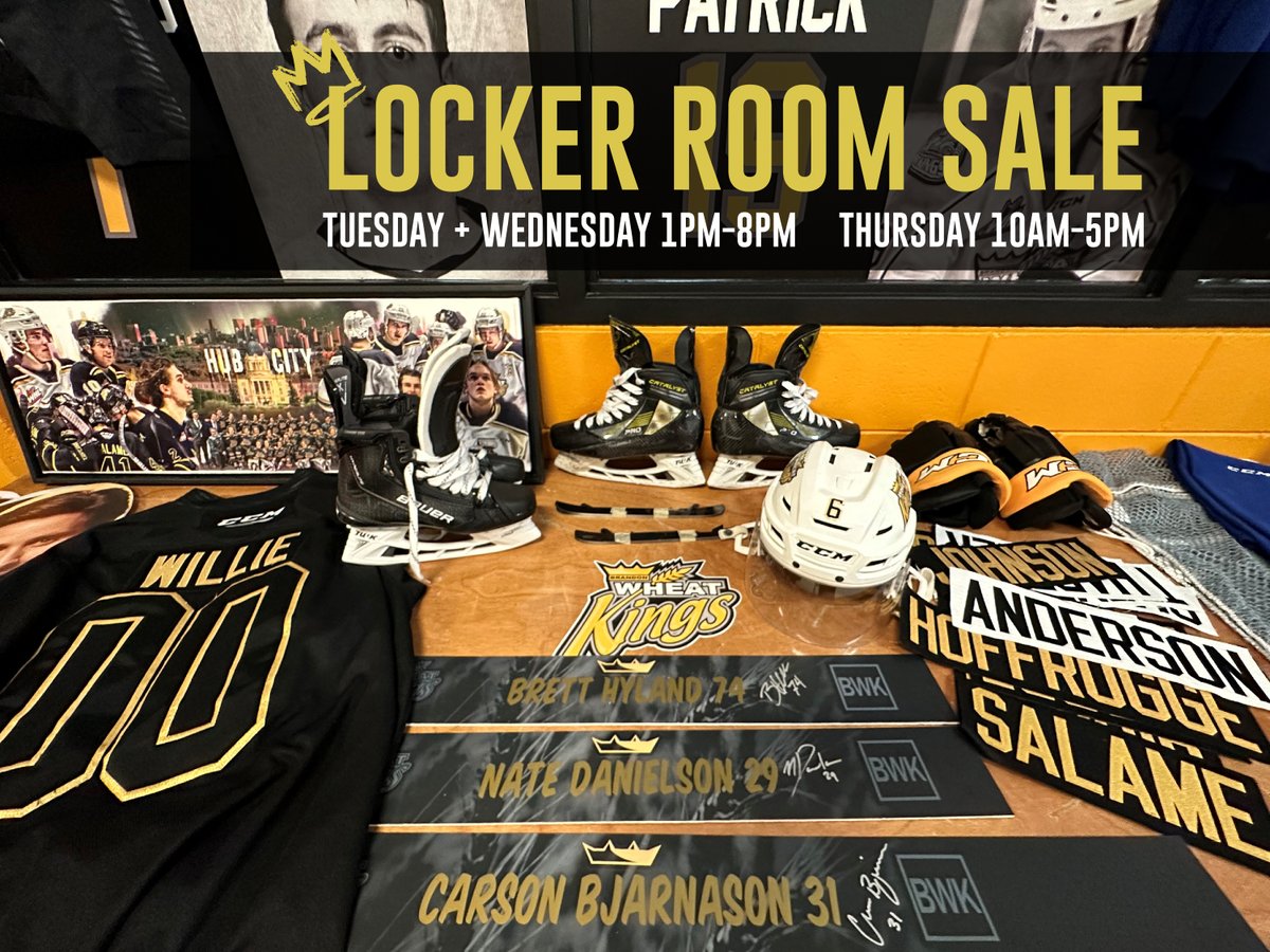 Tomorrow we begin day one of a three day #BWK Locker Room Sale!

Own a piece of Wheat Kings history with game used gloves, helmets, sticks, name plates, photo's and more!

📍Located at the bottom of the East Main Ramp outside the Wheat Kings Dressing Room
