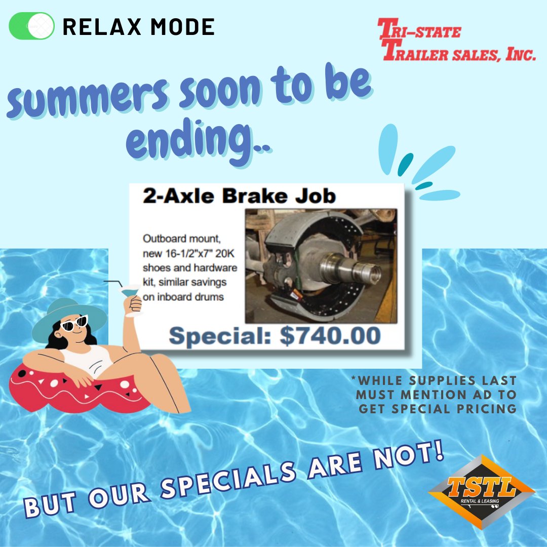 TrailersPGH's tweet photo. Level Up Your Savings this Summer's End! ☀️
Don't let the summer fade away without grabbing our unbeatable service deal on 2-Axle Brake Jobs!
For just $740. 

#SummerSavings #RoadReady #drivesafe #trailermaintenance #endofsummersale #brakeservice #summerdeals #qualityrepairs https://t.co/7ZYrwEMZpj