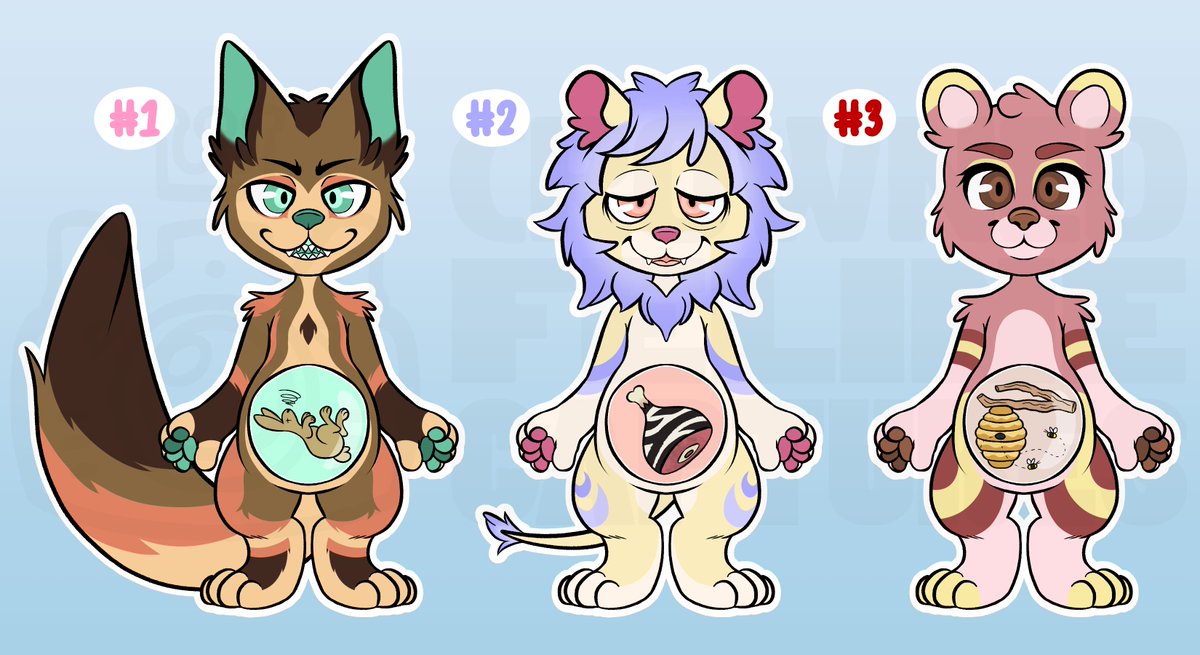Full belly adopts!  

#1 - Fox with a tum full of bunny: $30 
#2 - Lion with a tum full of zebra: $25 
#3 - Bear with a tum full of honey: $20  

DM or comment to claim!   

- Retweets appreciated!  
#furry #furryfandom #furryart #adoptable