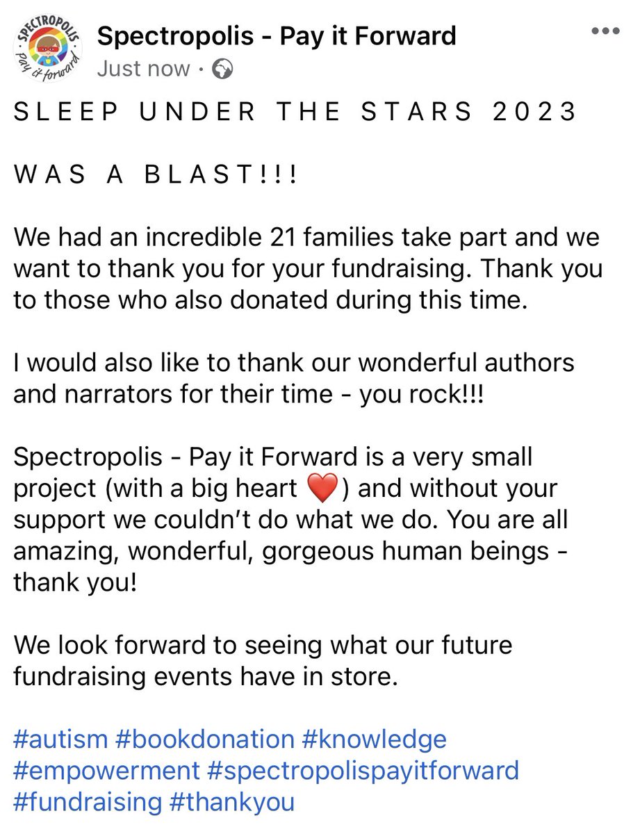 SpectropolisPIF's tweet photo. S L E E P   U N D E R   T H E   

S T A R S   2 0 2 3   W A S   A   

B L A S T ! ! ! 

#autism #bookdonation #knowledge #empowerment #spectropolispayitforward #fundraising #thankyou https://t.co/1hfst8SBgf
