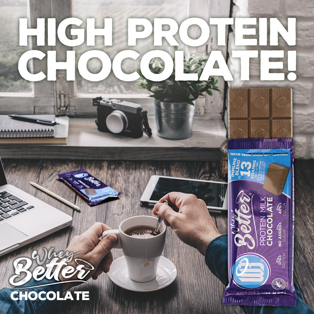 Like your mobile, laptop... or brew...WheyBetter chocolate is part of your daily essentials! Whether it's a quick snack, a pick-me-up, or a sweet treat, WheyBetter chocolate fits every moment with it's protein-packed, no-added sugar goodness. #DailyEssentials #wheybetterchocolate