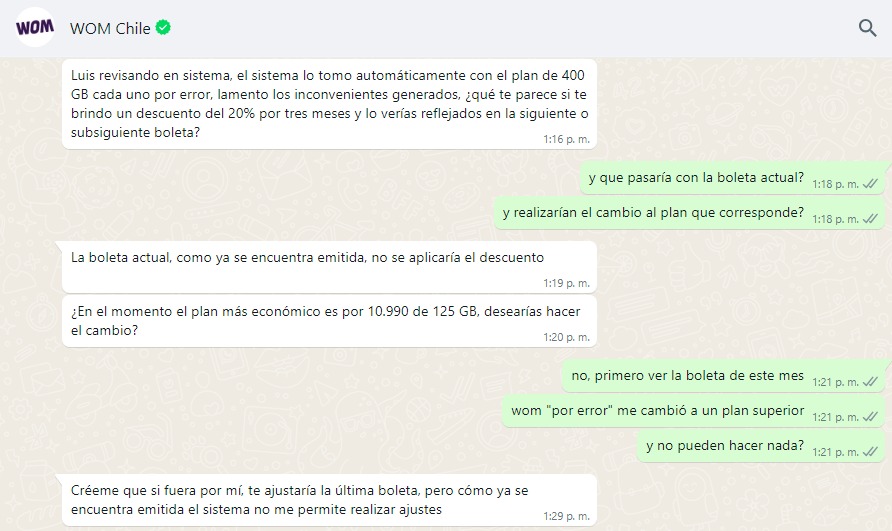 ErreUpe's tweet photo. @womchile @WOMteAyuda esta es la ayuda que te brindan  por WhatsApp. Me cambiaron de plan "por error" a uno más caro, y como ya salió boleta no podemos hacer nada, por otra parte @ReclamosSubtel me cierra el reclamo apuntando que WOM debe llamarme, un chiste @RECLAMO_CHILE https://t.co/4vz50Q8sWF