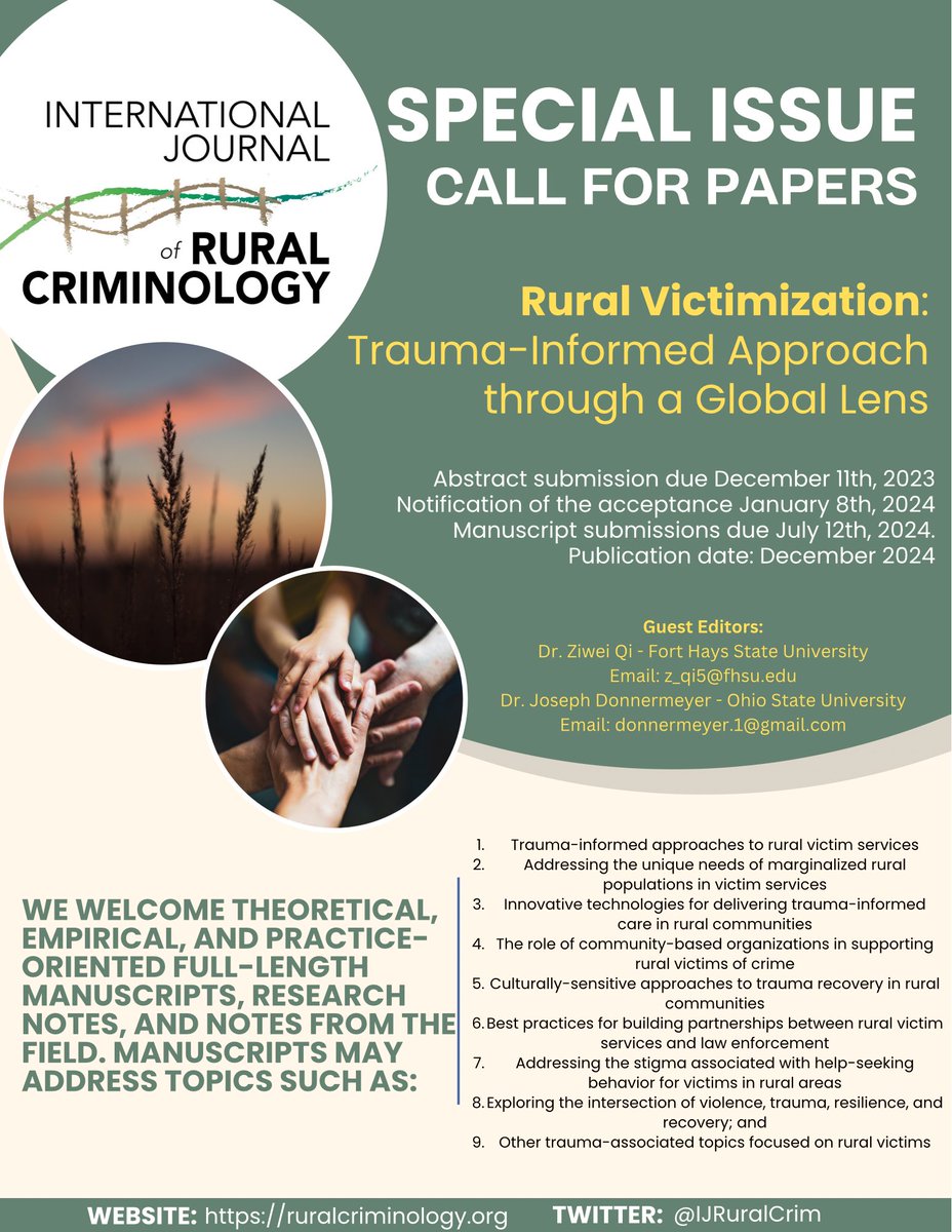 IJRuralCrim's tweet photo. ‼️‼️EXTENDED DEADLINE‼️‼️

You now have until DECEMBER 11TH to submit your abstracts for our #SpecialIssue on #Rural #Victimization! 

#TraumaInformed #RuralCriminology #VictimizationStudies #OpenAccess #CallForPapers https://t.co/iYtdAO9oJX