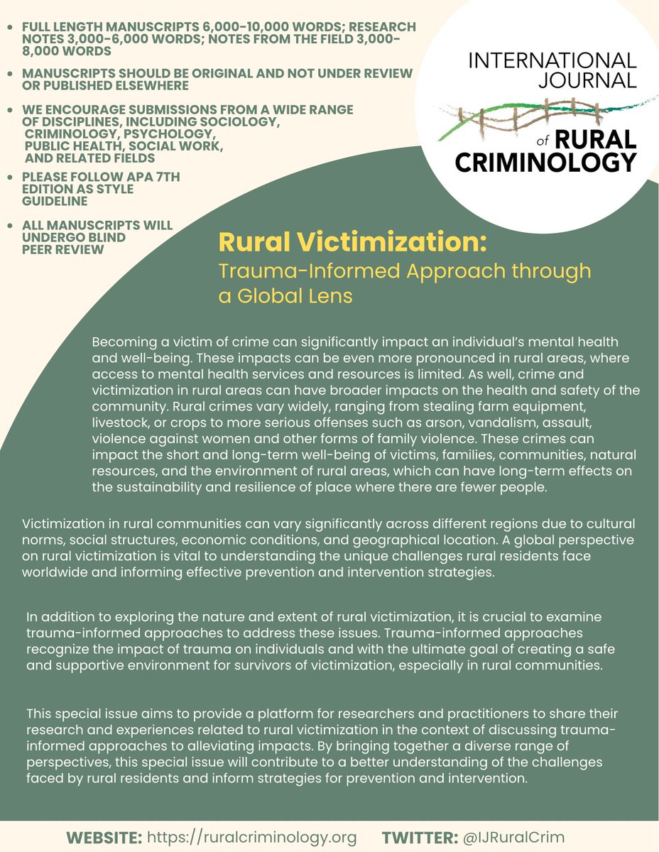 ‼️‼️EXTENDED DEADLINE‼️‼️

You now have until DECEMBER 11TH to submit your abstracts for our #SpecialIssue on #Rural #Victimization! 

#TraumaInformed #RuralCriminology #VictimizationStudies #OpenAccess #CallForPapers