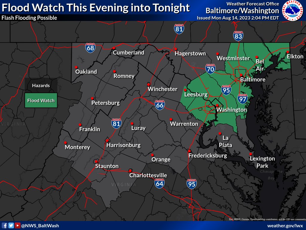 A Flood Watch for the potential for flash flooding has been issued for the DC and Baltimore Metros into northeast Maryland from 5 PM this evening until 2 AM Tuesday. Anomalous moisture will result in the potential for rain rates over 2" per hour. Latest: weather.gov/lwx
