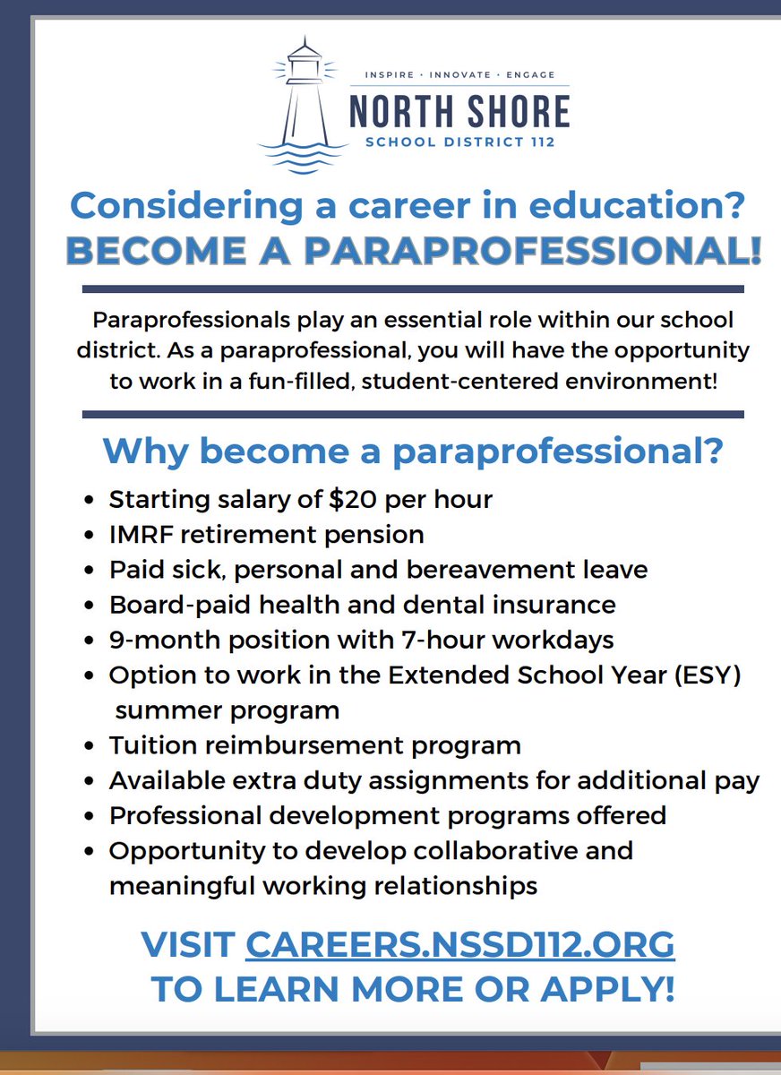 RT: We're hiring paraprofessionals! To learn more &amp; to apply, please visit: careers.nssd112.org #112leads