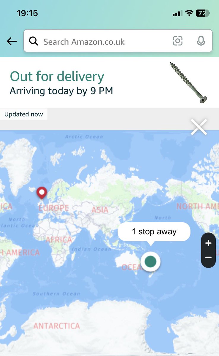 HunshelfHarry's tweet image. Just wondering how long it will take them to deliver my @AmazonUK parcel to Sheffield from New Zealand. Only 1 stop away!