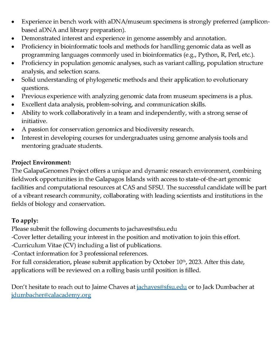 We are hiring #postdoc to join #GalapaGenomes to sequence/assemble whole genomes of Galapagos species from museum (aDNA) and modern samples. Bay Area/SF work @SFStateBIO @calacademy Please apply and share! jachaves@sfsu.edu @CASBirdman Details jaimechaves.weebly.com and 👇