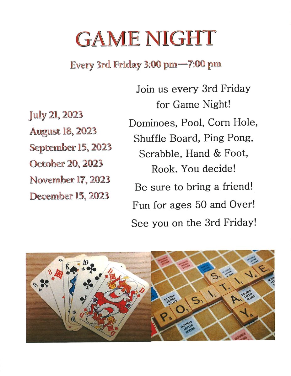 AthensAL's tweet image. Play games this evening at the Athens Activity Center on Pryor Street. The monthly Game Night will be from 3-7 p.m. for those 50 and older.

#seniorfun #gamenightfun