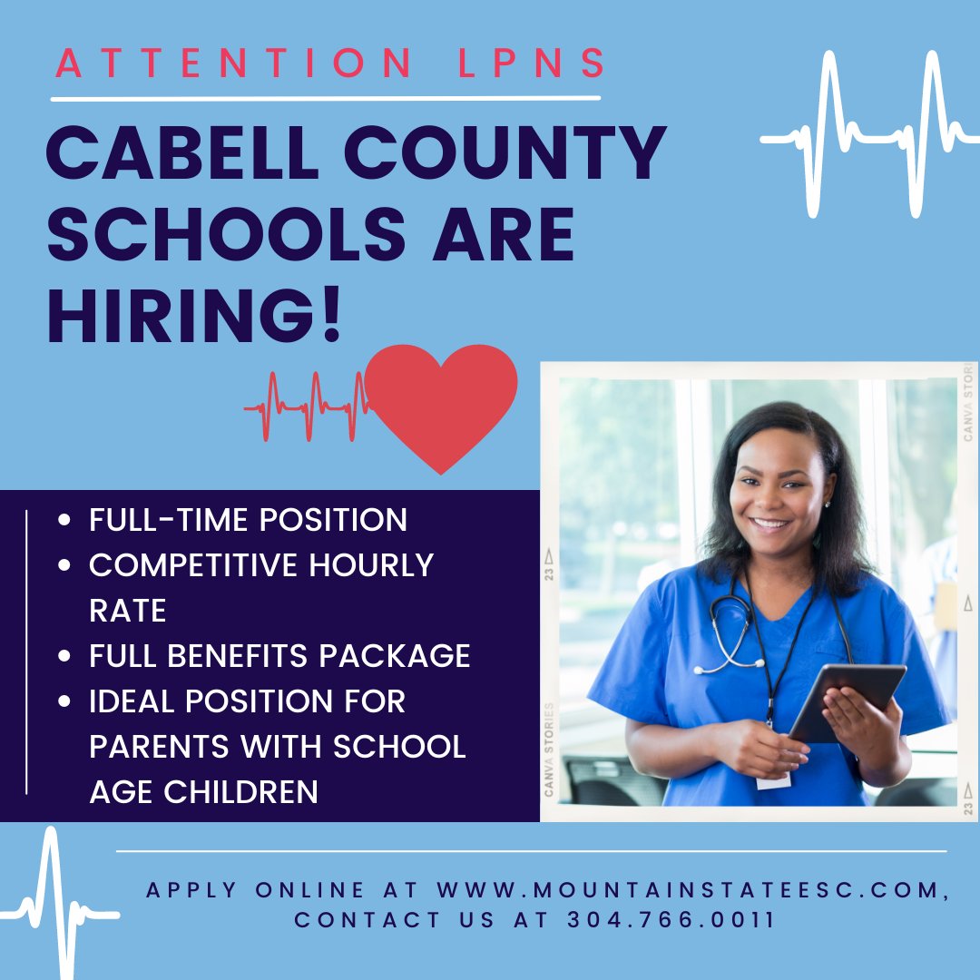 Attention Huntington Area LPNs! Great full-time position within the Cabell County Schools. Apply Now! mountainstateesc.com/licensed-pract…