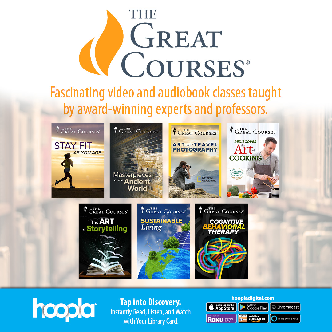 ShelburnePL's tweet photo. Check out The Great Courses Binge Pass on #hoopla! For just one of your monthly borrows, you can have a week’s access to over 300 videos on educational subjects ranging from science to history to professional and personal growth. https://t.co/TAE5zQW9Zq