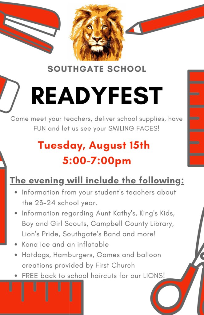 Are you READY? Tomorrow is the day to meet the teachers and staff, have some food and fun and get Ready for the first day of school!! We will see you on Tuesday, August 15 from 5 - 7pm at Southgate Public School.