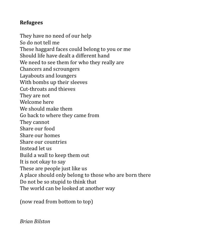 Prof Alice Roberts💙 (@thealiceroberts) on Twitter photo A moving poem from <a href="/brian_bilston/">Brian Bilston</a>. Read it down. Then read it up.
Expand your circle of empathy… A moving poem from <a href="/brian_bilston/">Brian Bilston</a>. Read it down. Then read it up.
Expand your circle of empathy…