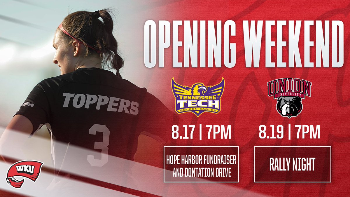 It's 𝙤𝙛𝙛𝙞𝙘𝙞𝙖𝙡𝙡𝙮 Game Week! ⚽️

Join us at the WKU Soccer Complex on Thursday and Saturday to get the 2023 season started! 

#GoTops