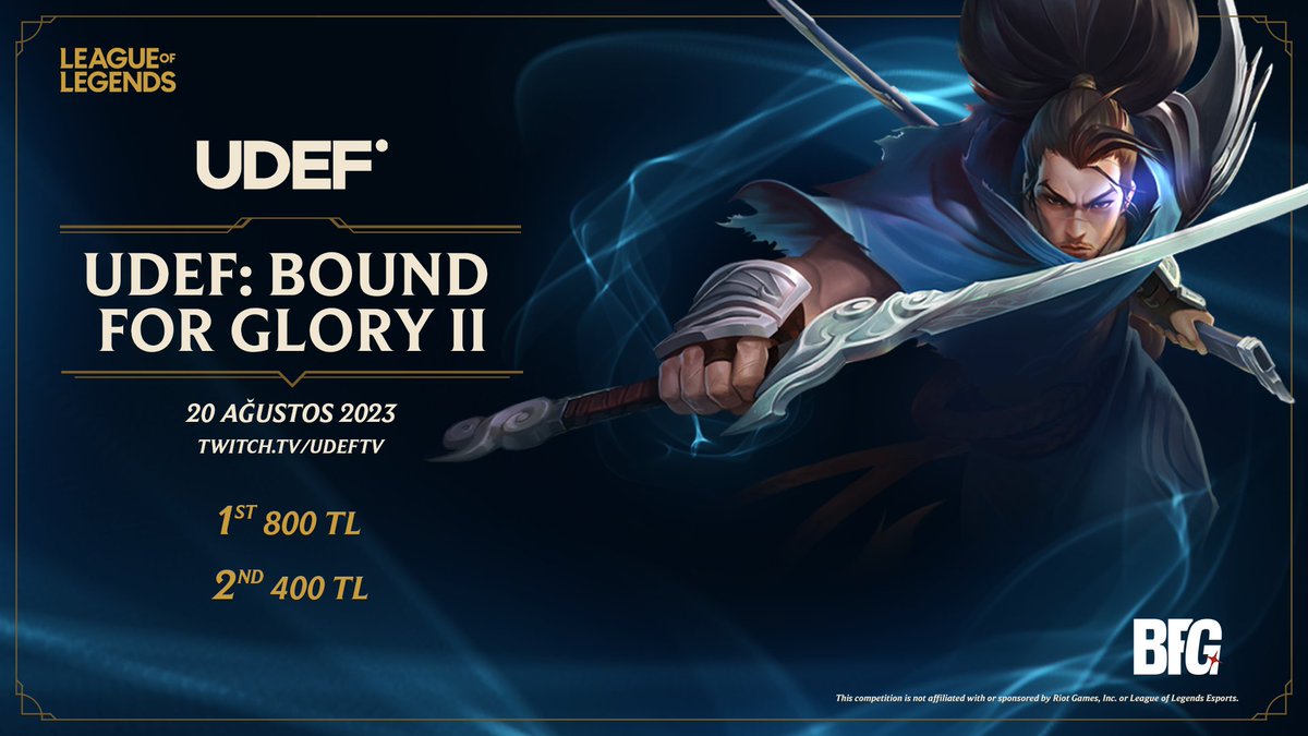 UDEF: Bound for Glory #2 League of Legends turnuvası için kayıtlar açıldı!

20 Ağustos'ta başlayacak mücadelede yer almak için takımını topla ve başvurunu yap. 👊

Başvuru yapmak için: udefcompany.com/bfglol2