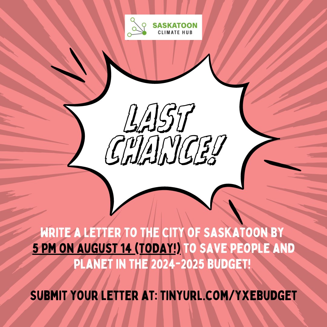 CJSaskatoon's tweet image. ⚠️Today&apos;s the last day to submit letters to #YXE City council ahead of their August budget meeting! Submit a letter by 5 pm to make your voice heard 📢 Click here for a letter template and tips: linktr.ee/saskatoonclima…
Click here to submit a letter: tinyurl.com/yxebudget