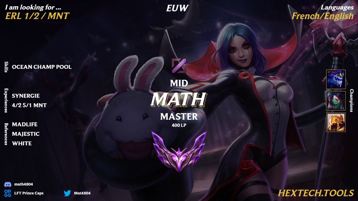 Hello,
Suite à ma saison avec <a href="/Synergie_ESP/">Synergie</a> , ils m’ont permis d’explorer mes options.
Je suis donc LFT dès maintenant.
RT Appréciés < 3
<a href="/LoL_LFT_Fr/">LoL LFT Fr</a>