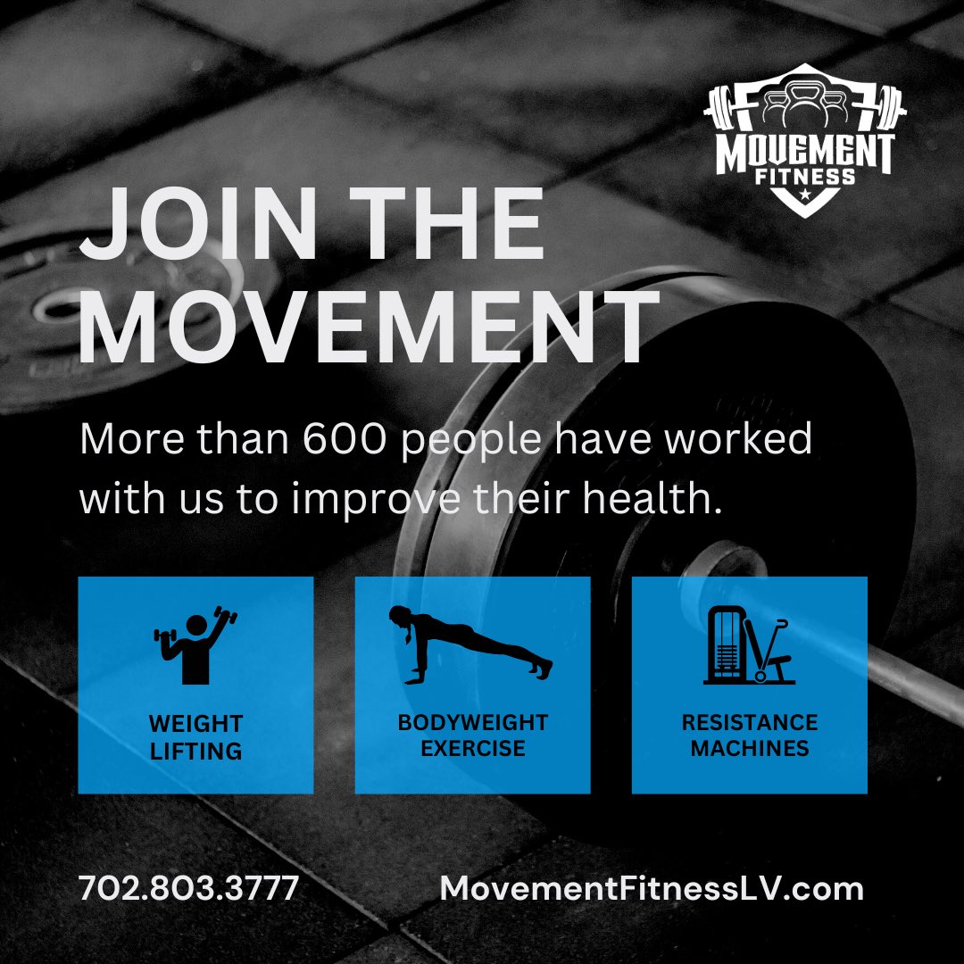 Join the movement and begin your journey towards a healthier life 

#movenfit #movementfitnesslv #lasvegasprivategym #lasvegasgym #vegaspersonaltrainer #weightlifting #bodyweightexercises #resistancemachines