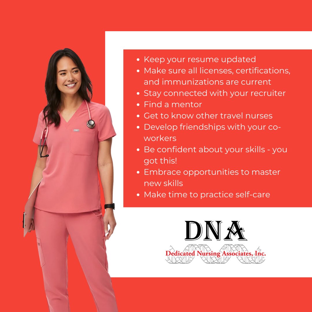 It can be overwhelming to start out as a travel nurse. Here are some friendly reminders as your embark on your journey! ✈️♥️ 

#TravelNursing #Journey #DNA #DedicatedNurses #TravelRN #ContractNursing #NursingJobs #NurseTips
