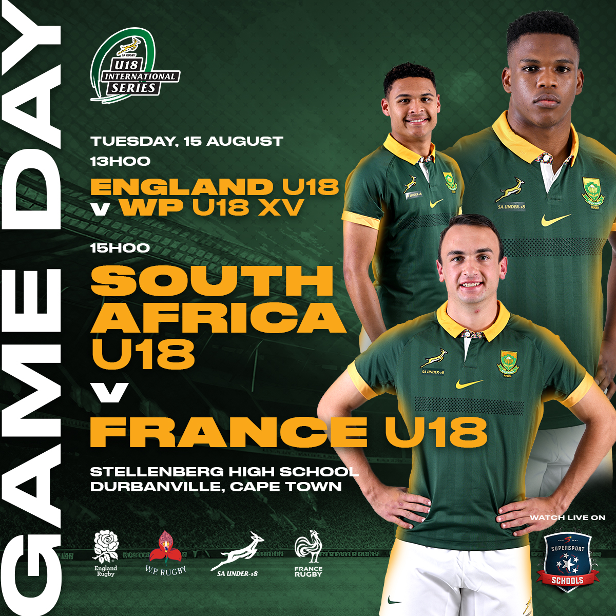 It's game day in the U18 International Series - two matches, streamed live on <a href="/ss_schools/">SuperSport Schools</a> or follow this link: tinyurl.com/584n9pmt 🏉