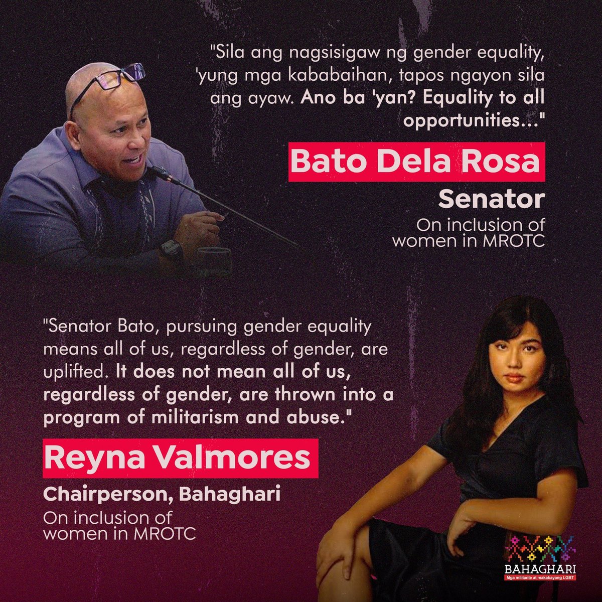 SOGIE EDUCATION, NOT MANDATORY ROTC, WILL PAVE WAY FOR GENDER EQUALITY: BAHAGHARI TO SEN. BATO

 Bahaghari slammed Sen. Bato dela Rosa, who recently issued a statement that mandatory ROTC will instill “gender equality” among the youth.

#NoToMandatoryROTC