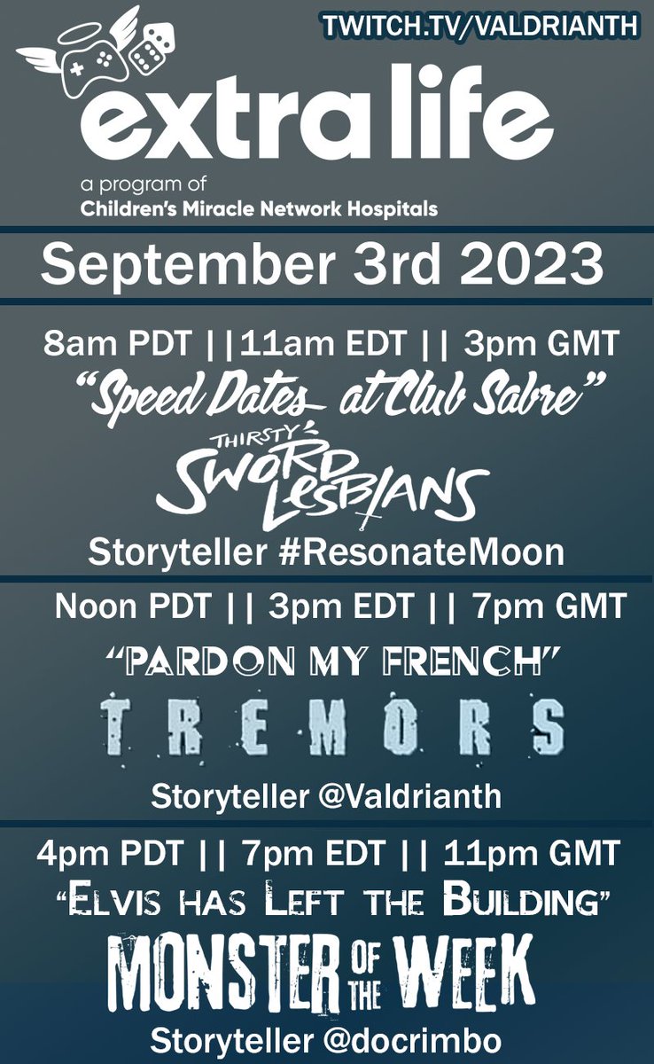 I am very excited to announce this year's lineup for the 9 game #TTRPG <a href="/actualplay/">Actual Play</a> Marathon happening over at twitch.tv/valdrianth Sept 1st-3rd, benefiting <a href="/ExtraLife4Kids/">Extra Life</a>